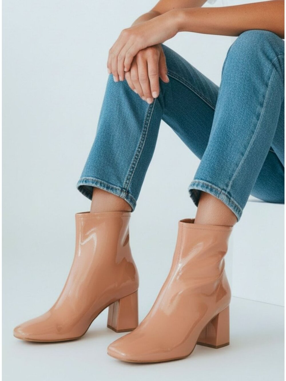 Camel Patent Leather Block Heel Ankle Boots With Back Zipper & Square Toe Design